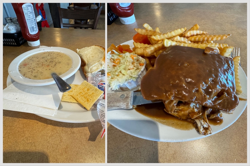 A collage of two photos showing a bowl of seafood chowder and a plate of hot chicken sandwich with fries