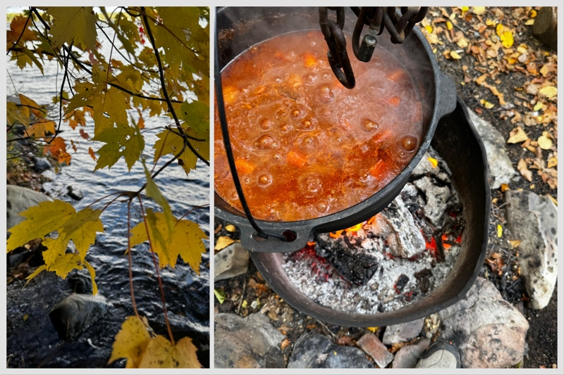 Thanksgiving in the woods Slightly coloured leaves and a stew in a cast iron Dutch oven over a fire