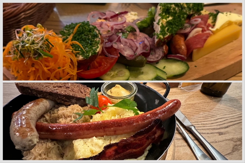 Checked in: Münchner Stubn A collage of two photos showing a charcuterie board and a bratwurst main dish