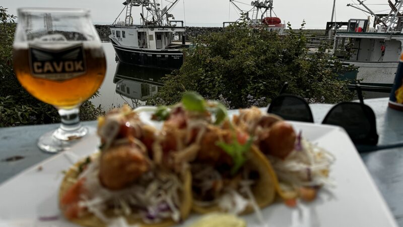 Fresh fish tacos on a white plate sitting on a blue wood bar outside. Fishing boats docked in the harbour sit in the background.