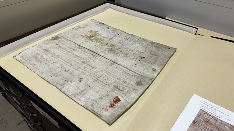 A large piece of worn, sepia coloured paper with faded writing lays in an archival box on a table. The words on the paper are very difficult to read. There is a broken red wax seal in the lower-left corner.
