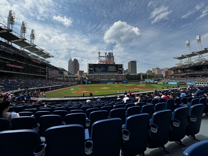 Checked in: Progressive Field A wide angle view of a baseball park with sunny skies