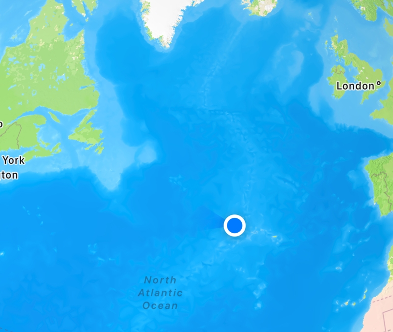 Halfway there A mobile phone screenshot of a map showing current location in the middle of the Atlantic Ocean