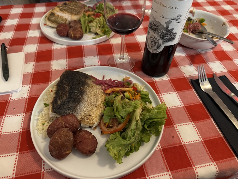 Checked in: Captain’s Table A dish of fresh grilled fish and glass of wine on a red and white checkered tablecloth