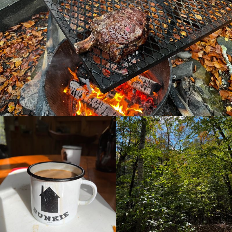 A collage of three photos, one photo of a prime rib of beef cooking over an open fire, a photo of coffee in a white tin mug, and a photo of the sun shining through yellow and green leaves.