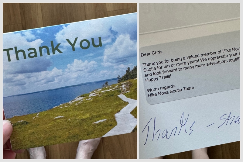 Over a decade with HikeNS A collage photo made up of two photos, the photo on the left showing the front of a thank you card with an image of a coastal hiking trail, the photo on the right showing the message on the inside of the card and a handwritten thank you