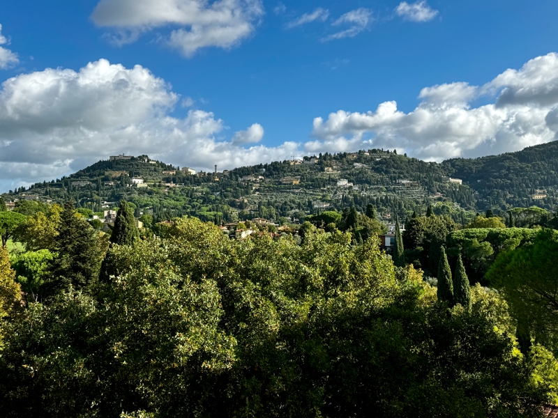 Made it to Florence A view overlooking green hills will small villas dotting the hillsides underneath a partially cloudy blue sky