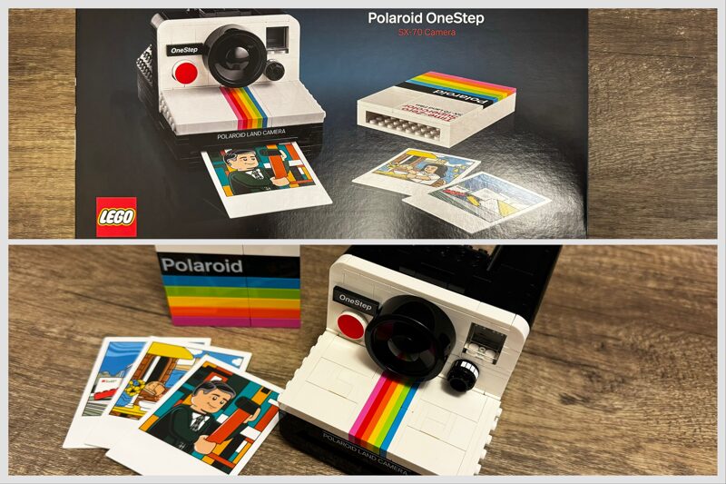 A collage of two photos, the top photo showing an unopened Lego box of the Polaroid One Step camera set, the bottom photo shpwing the completed camera and three photos