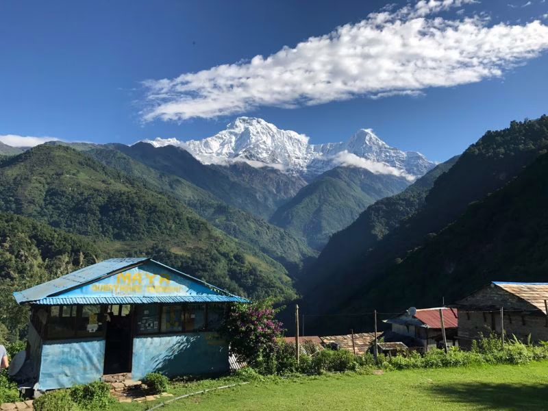 Waking up at the Maya Guest House After a nice deep sleep thanks to the overnight rain we again woke up to stunning vistas. The sky was so blue and the mountaintops so white. It left our group in complete awe. This is why I came to Nepal.