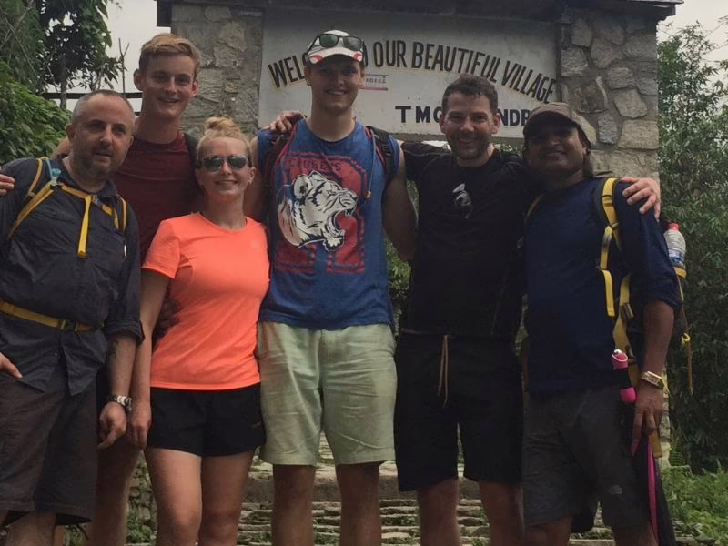 A group photo After the first day of trekking we made it to Ghandruk village, not ten minutes before the monsoon rains poured down on us. It was perfect timing!
