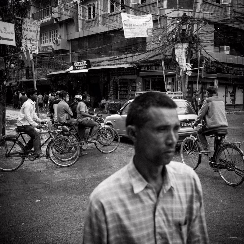 Intersection, Thamel Bazaar The Thamel Bazaar is a popular place for tourists during high-season so there are lots of shops and street sellers. During low-season there's more room to move around but the traffic is still crazy.