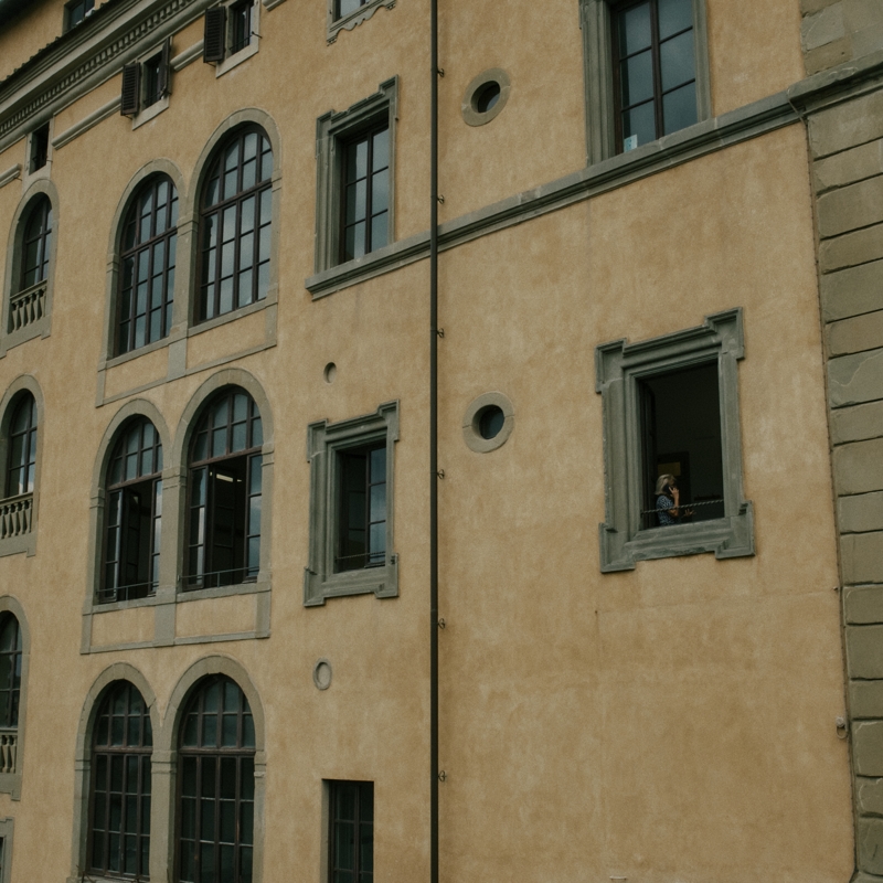 A woman appears in a window on a mobile phone, the window one of many on a yellow painted building