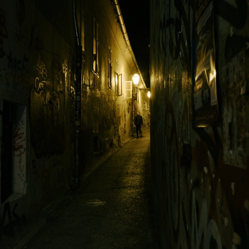 A figure dressed in black approaches from around a corner in a narrow alley lit by yellow lights reflecting of the walls and stone street